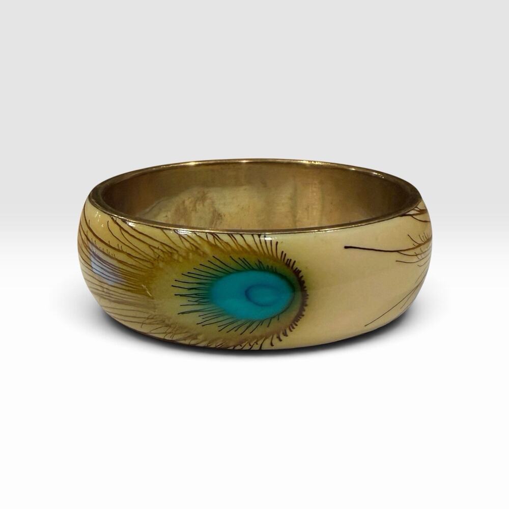 Vintage 1980s Peacock Feather Enamel Brass Bangle Turquoise Blue Eye Painted